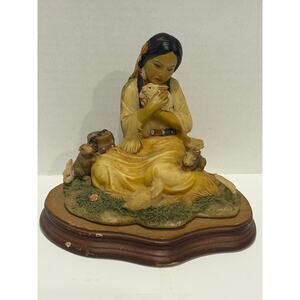 Hand-Painted Native American Woman Sitting Hold a Rabbit Ceramic Figurine